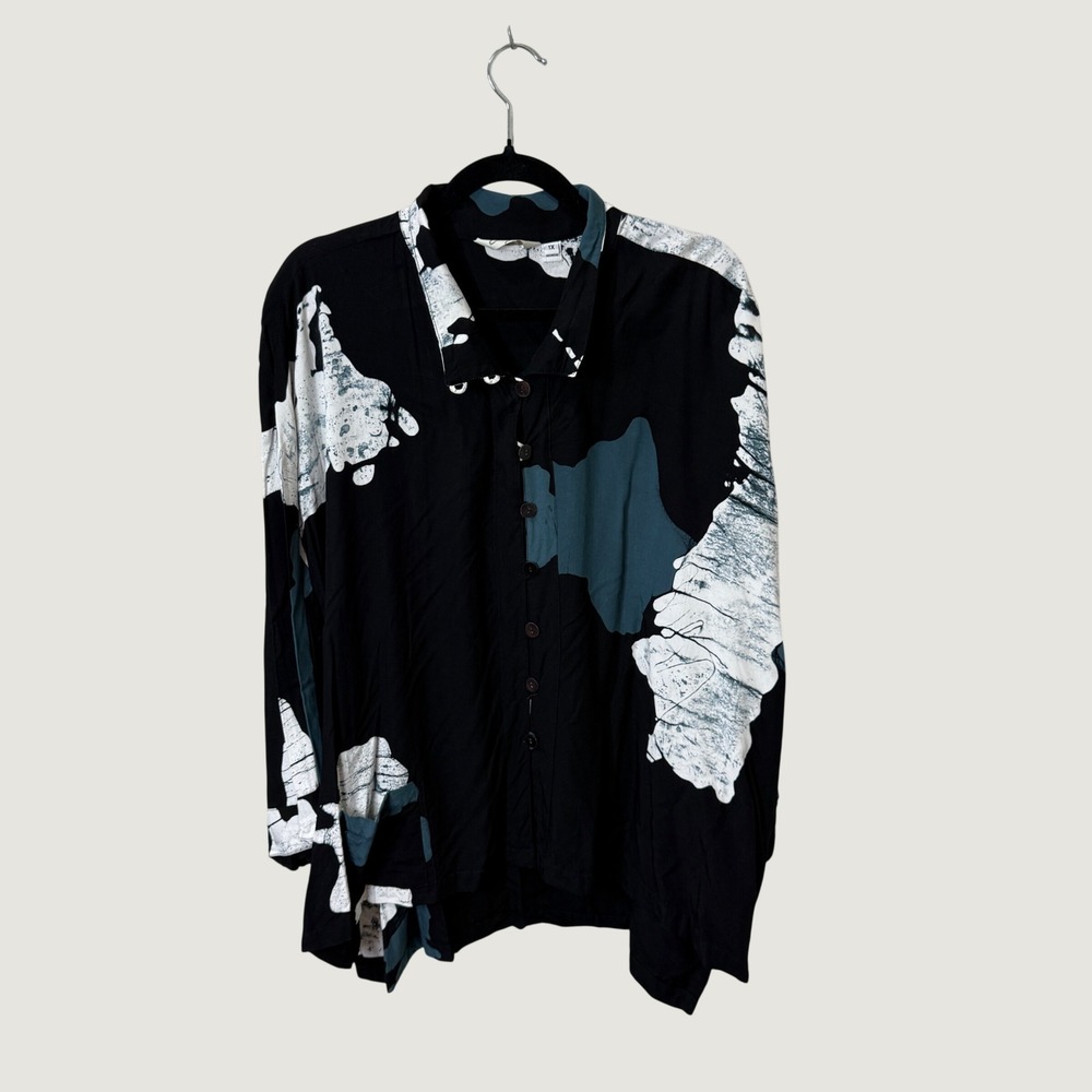 Lyng 100% Rayon Black Teal White Oversized Top Abstract Lagenlook Artsy 1X
